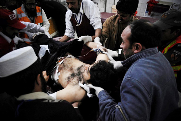 Hangu residents were treated in Peshawar after a mosque bombing killed 21 on Feb. 1. A. Majeed—AFP