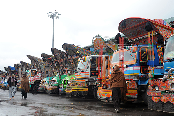 Pakistani trucks stranded in Salambad, Jan. 21. Rouf Bhat—AFP