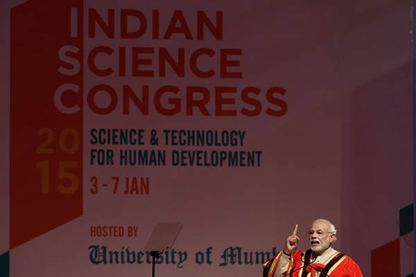 Prime Minister Narendra Modi at the 102nd Indian Science Congress. Indranil Mukherjee—AFP
