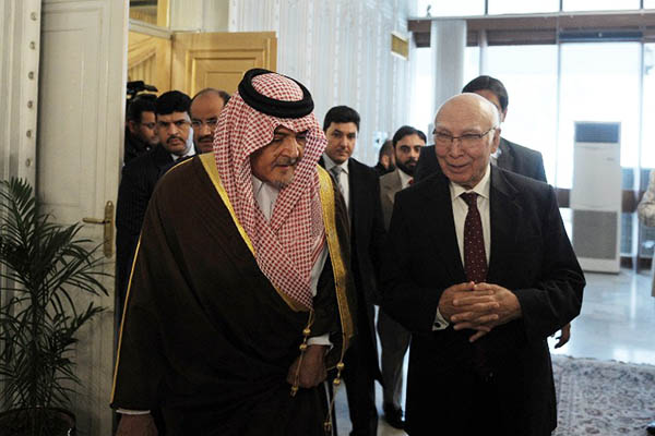 The Saudi foreign minister with his de facto Pakistani counterpart, Sartaj Aziz. Aamir Qureshi—AFP