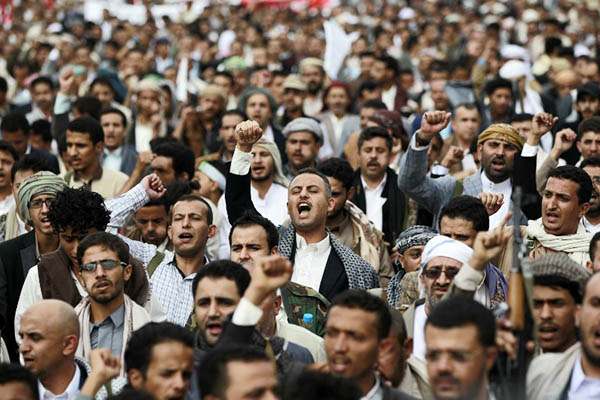 Supporters of the Shia Houthi rebels rally in Sanaa. Mohammed Huwais—AFP