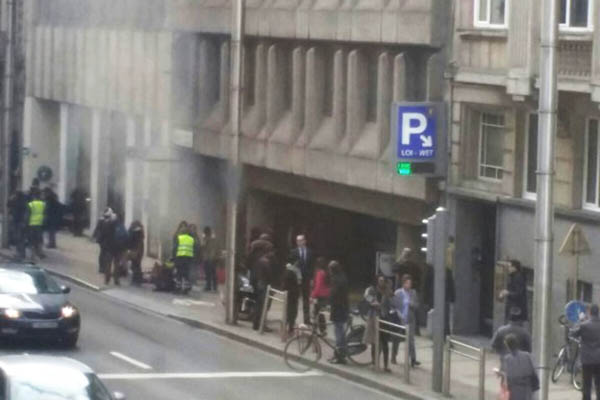 Smoke rises from the Maalbeek underground in Brussels following a blast at the station. Seppe Knapen-Belga—AFP