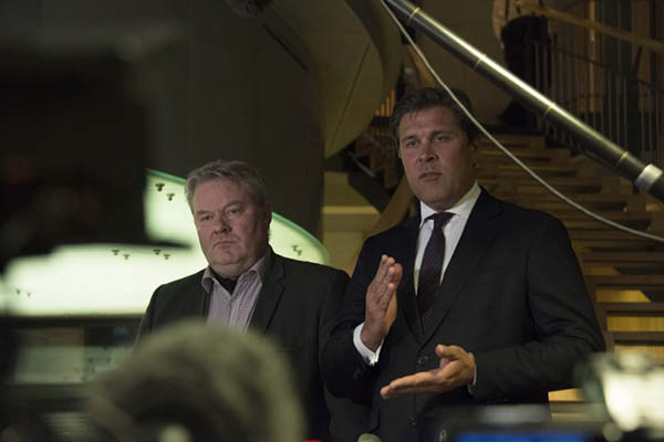 Iceland’s new prime minister Sigurdur Ingi Johannsson, left, with Bjarni Benediktsson. Halldor Kolbeins—AFP