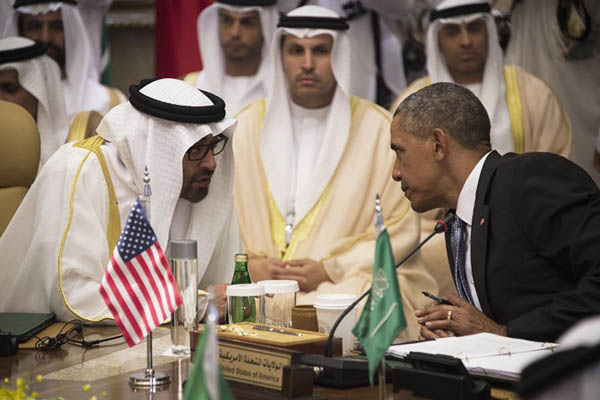 U.S. President Obama speaks with Sheikh Mohammed bin Zayed al-Nahyan, crown prince of Abu Dhabi, in Riyadh. Jim Watson—AFP